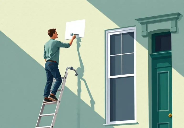 Peintre sur échafaudage traitant la façade d'une maison