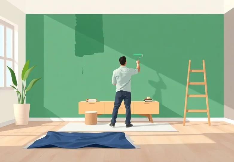 Peintre appliquant la peinture au rouleau sur un mur de salon